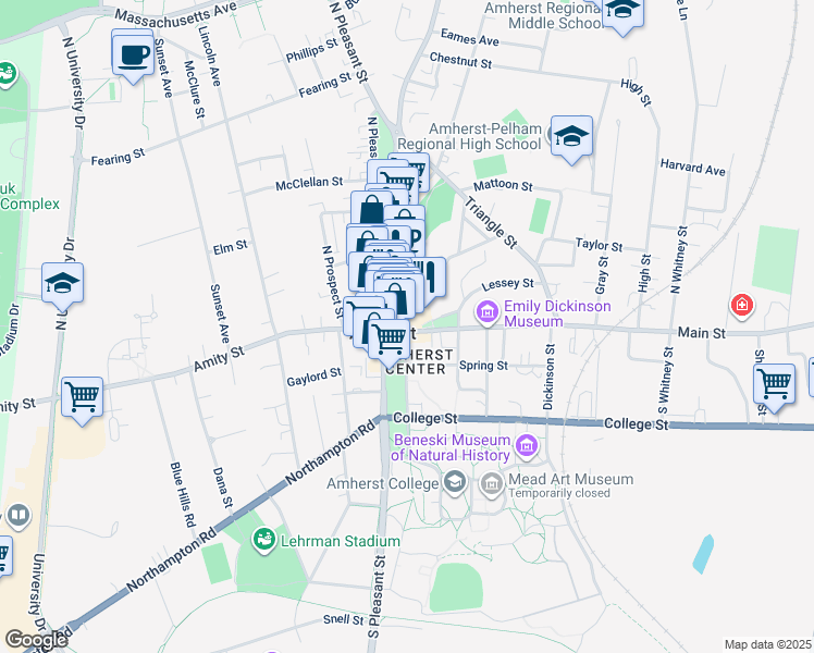 map of restaurants, bars, coffee shops, grocery stores, and more near 47 Boltwood Walk in Amherst