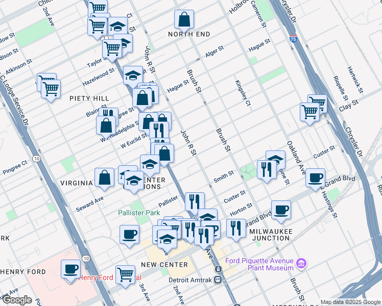 map of restaurants, bars, coffee shops, grocery stores, and more near 208 Mount Vernon Street in Detroit