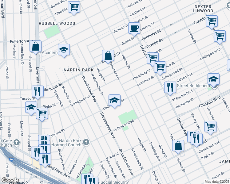 map of restaurants, bars, coffee shops, grocery stores, and more near 4241 Burlingame Street in Detroit