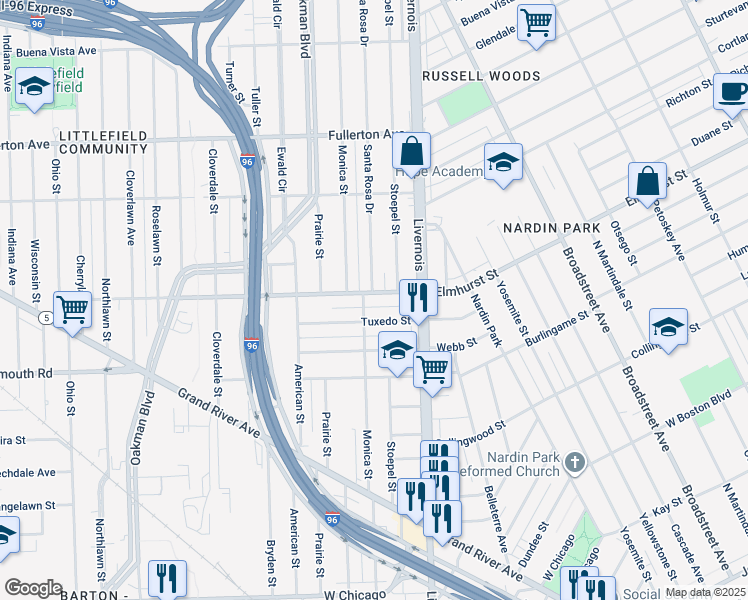 map of restaurants, bars, coffee shops, grocery stores, and more near 12019 Stoepel Street in Detroit