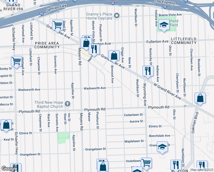 map of restaurants, bars, coffee shops, grocery stores, and more near 12052 Mendota Street in Detroit