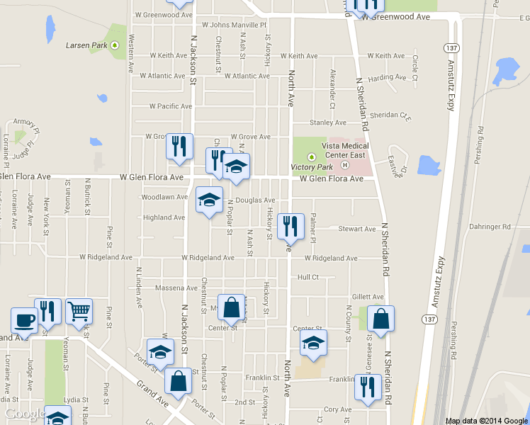 map of restaurants, bars, coffee shops, grocery stores, and more near 522 Douglas Avenue in Waukegan