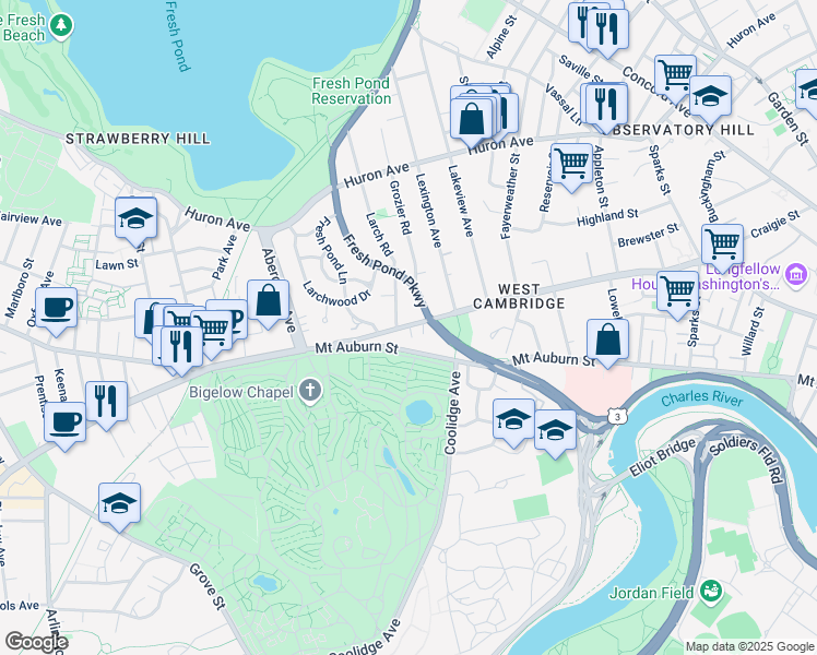 map of restaurants, bars, coffee shops, grocery stores, and more near 4 Brattle Circle in Cambridge