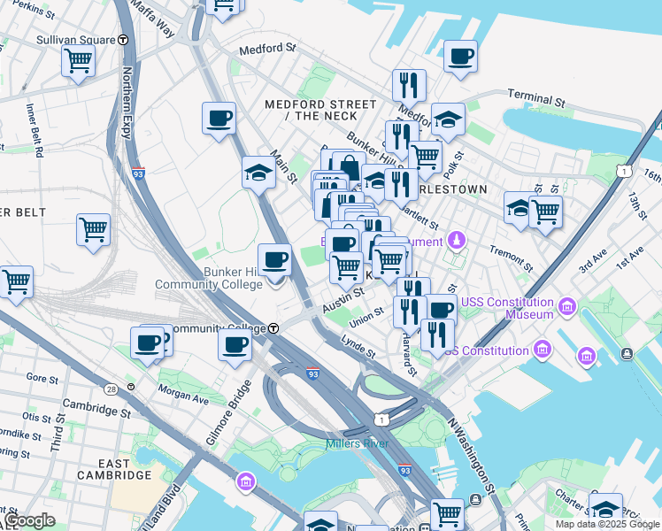 map of restaurants, bars, coffee shops, grocery stores, and more near 9 West School Street in Boston