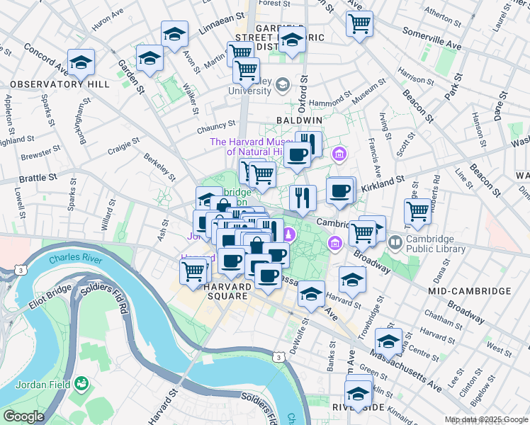 map of restaurants, bars, coffee shops, grocery stores, and more near Massachusetts Avenue in Cambridge