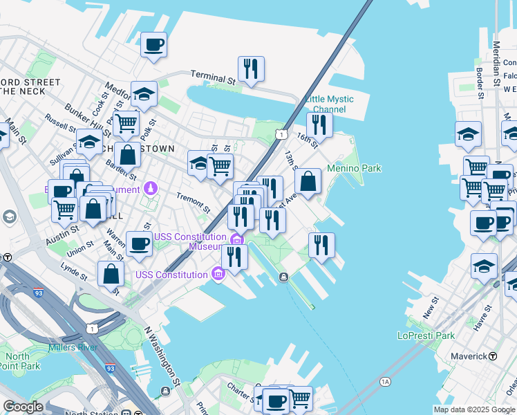 map of restaurants, bars, coffee shops, grocery stores, and more near 150 3rd Avenue in Boston