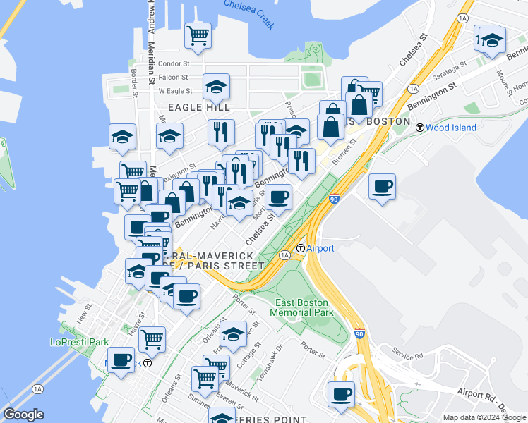 map of restaurants, bars, coffee shops, grocery stores, and more near 30 Brooks Street in Boston