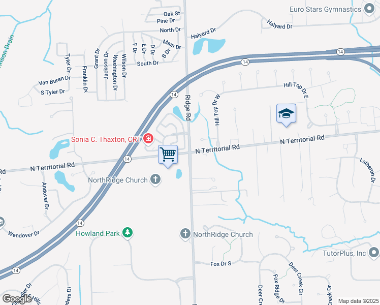 map of restaurants, bars, coffee shops, grocery stores, and more near N Territorial Rd & Ridge Rd in Plymouth