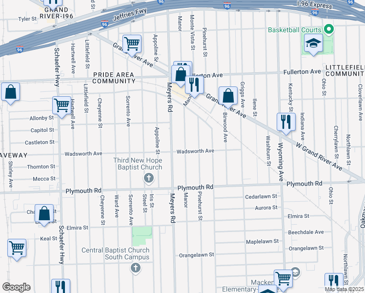 map of restaurants, bars, coffee shops, grocery stores, and more near 12021 Manor Street in Detroit