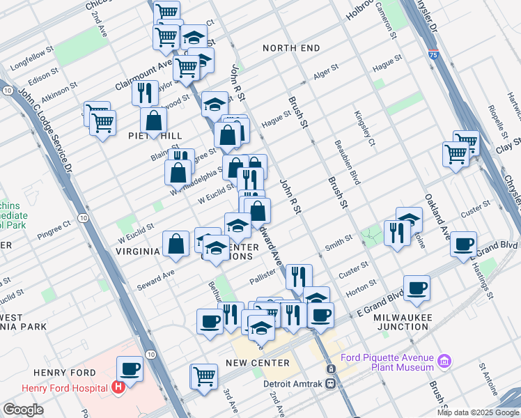 map of restaurants, bars, coffee shops, grocery stores, and more near 66 Melbourne Street in Detroit