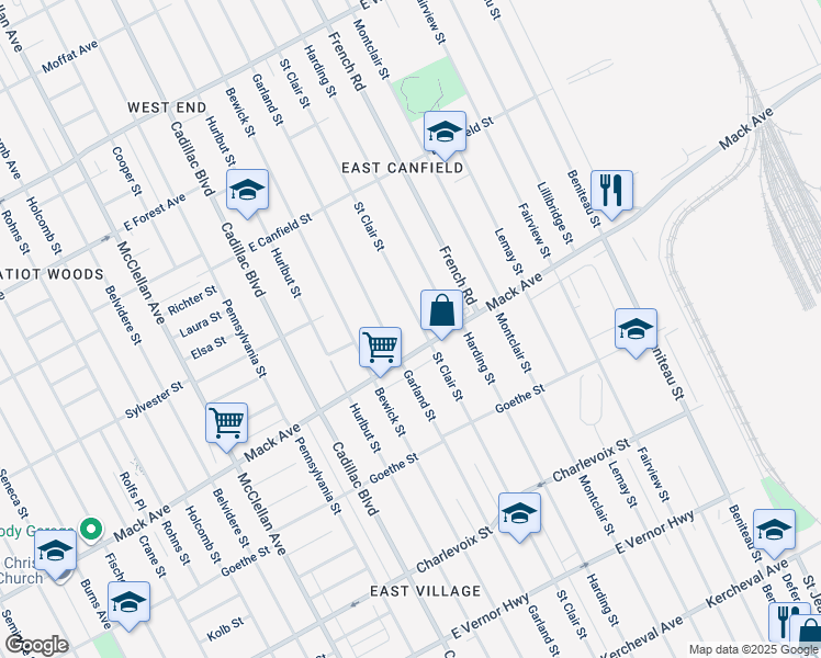 map of restaurants, bars, coffee shops, grocery stores, and more near 3783 Saint Clair Street in Detroit
