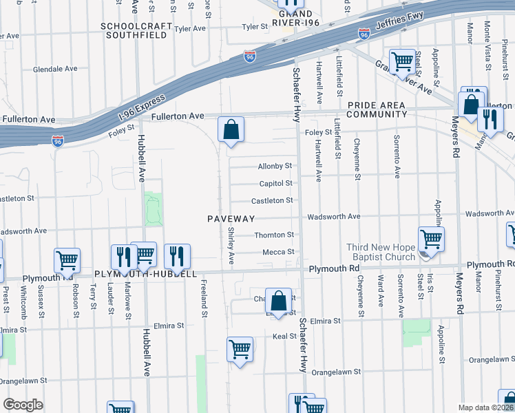 map of restaurants, bars, coffee shops, grocery stores, and more near 13750 Castleton Street in Detroit