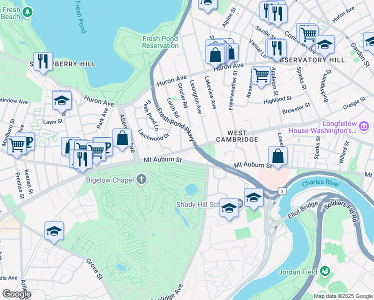 map of restaurants, bars, coffee shops, grocery stores, and more near 7 Brattle Circle in Cambridge