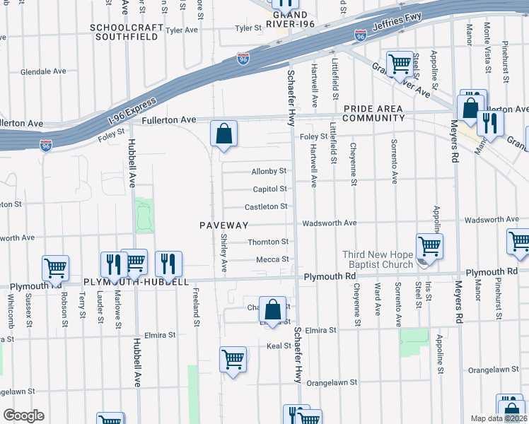 map of restaurants, bars, coffee shops, grocery stores, and more near 13666 Castleton Street in Detroit