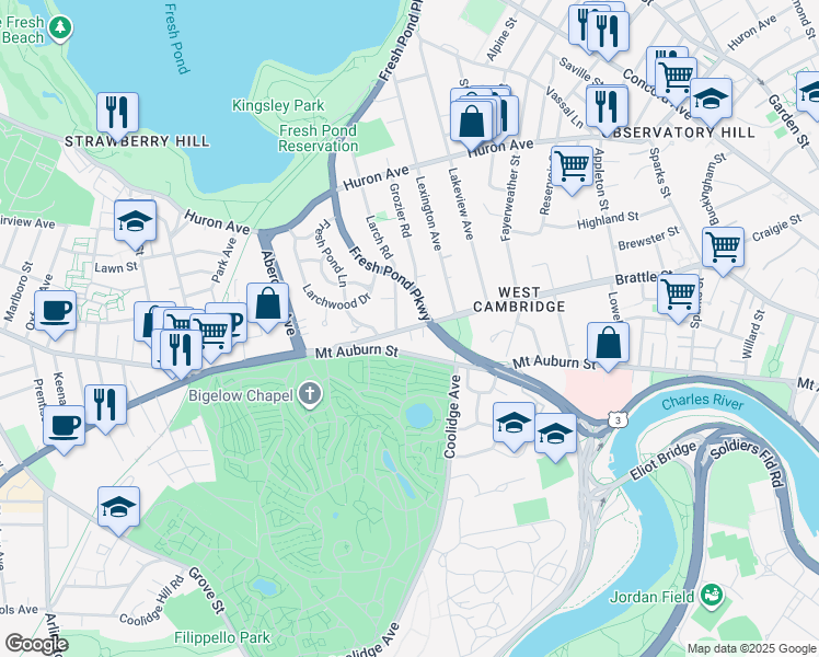 map of restaurants, bars, coffee shops, grocery stores, and more near 3 Brattle Circle in Cambridge