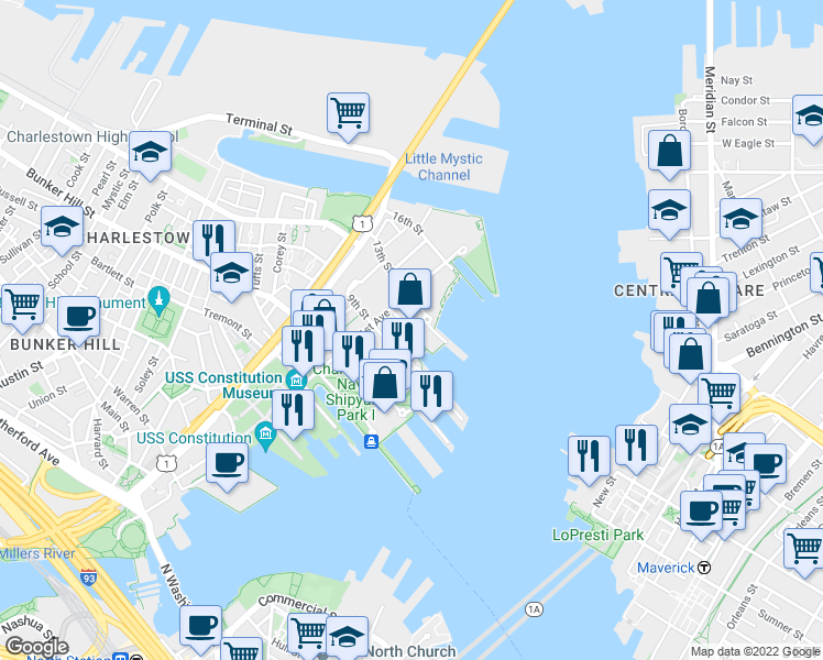 map of restaurants, bars, coffee shops, grocery stores, and more near c2 Shipway place in Boston