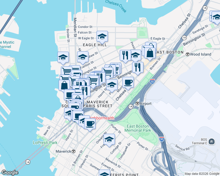 map of restaurants, bars, coffee shops, grocery stores, and more near 293 Havre Street in Boston