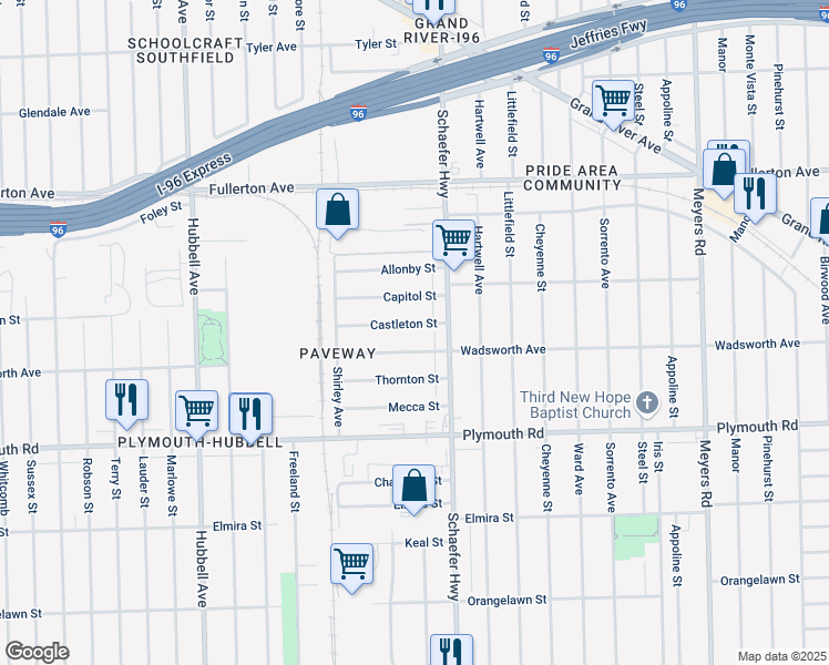 map of restaurants, bars, coffee shops, grocery stores, and more near 13667 Castleton Street in Detroit
