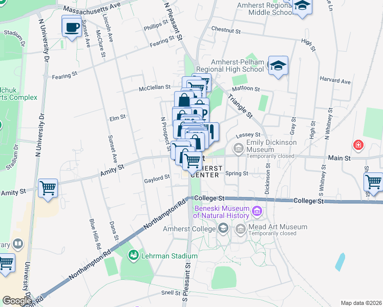 map of restaurants, bars, coffee shops, grocery stores, and more near 47 Boltwood Walk in Amherst