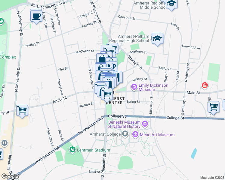 map of restaurants, bars, coffee shops, grocery stores, and more near 46 Main Street in Amherst