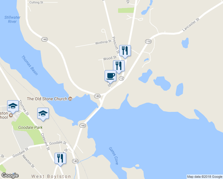 map of restaurants, bars, coffee shops, grocery stores, and more near 10 Sterling Street in West Boylston