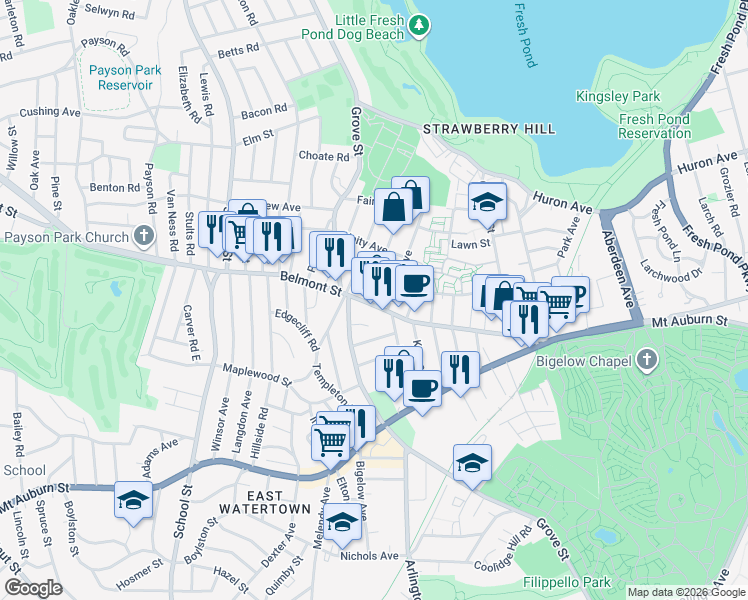 map of restaurants, bars, coffee shops, grocery stores, and more near 15 Marlboro Street in Belmont