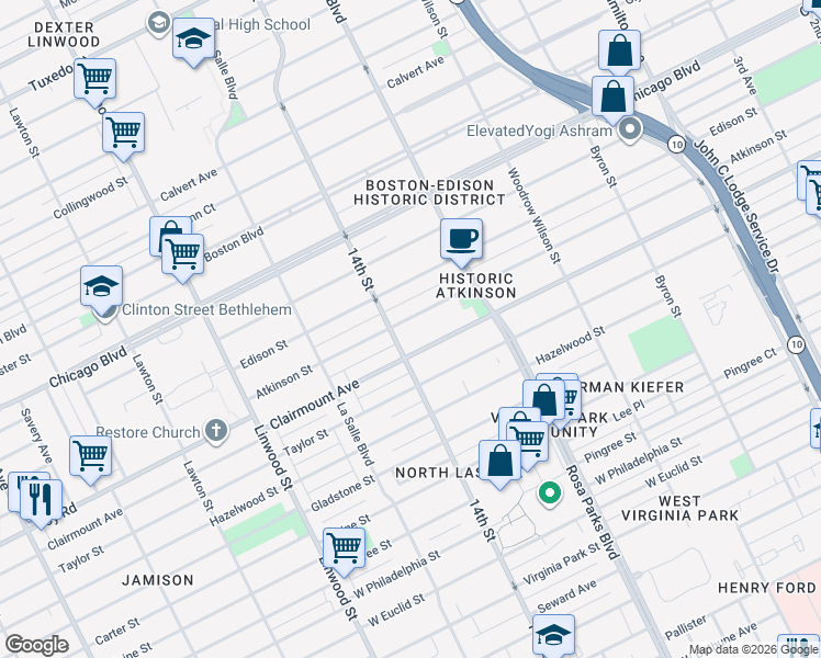 map of restaurants, bars, coffee shops, grocery stores, and more near 2066 Atkinson Street in Detroit