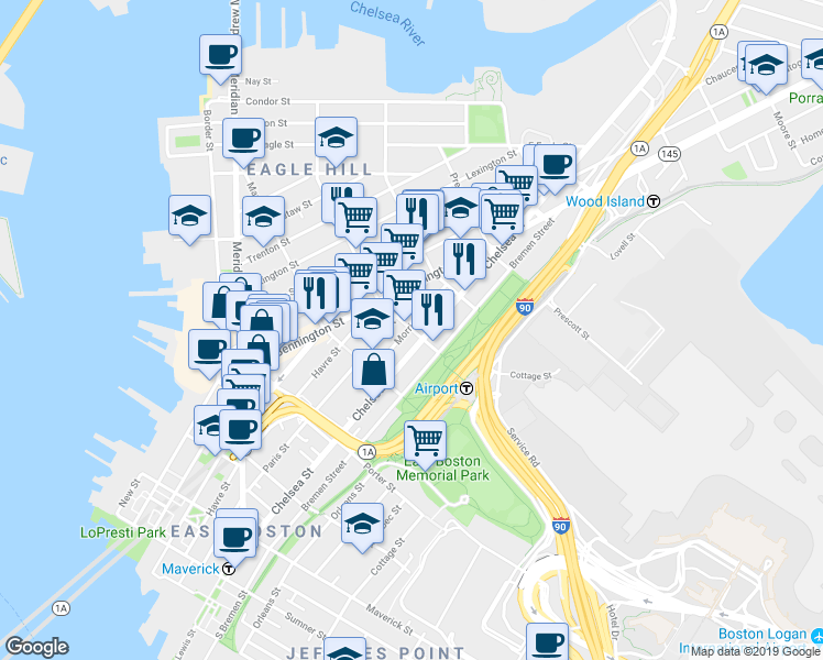 map of restaurants, bars, coffee shops, grocery stores, and more near 303 Paris Street in Boston