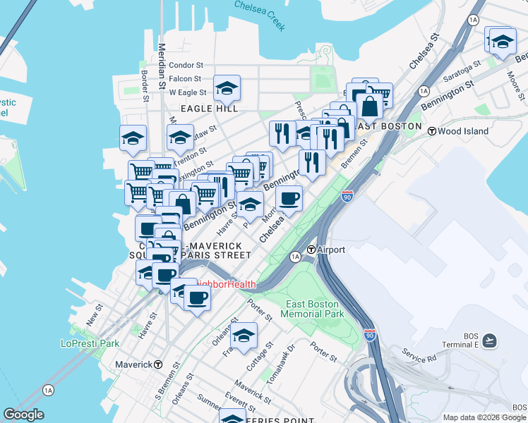 map of restaurants, bars, coffee shops, grocery stores, and more near 303 Paris Street in Boston