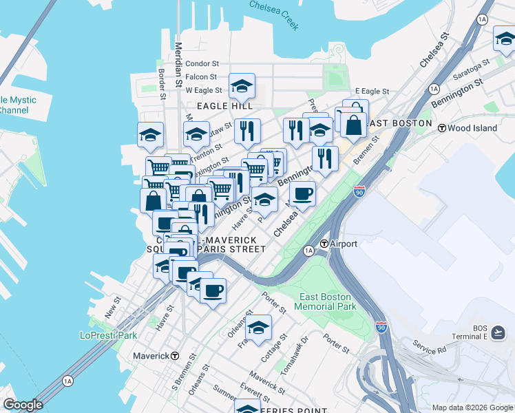 map of restaurants, bars, coffee shops, grocery stores, and more near 293 Havre Street in Boston
