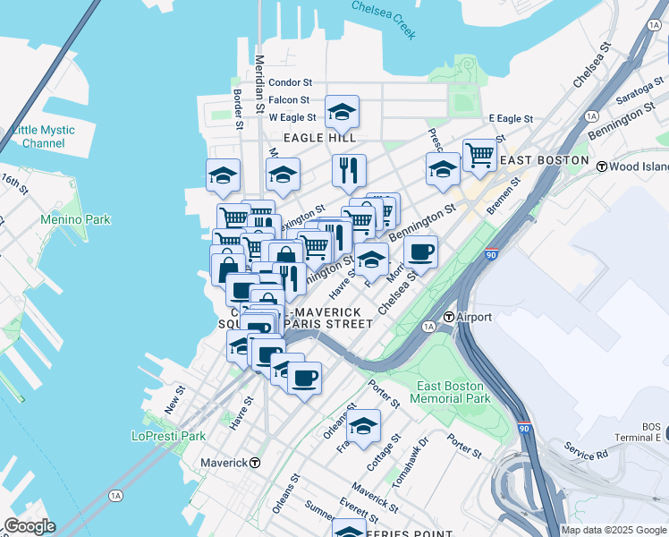 map of restaurants, bars, coffee shops, grocery stores, and more near 92 Bennington Street in Boston