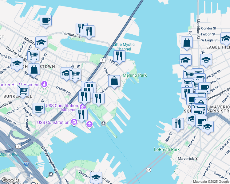 map of restaurants, bars, coffee shops, grocery stores, and more near c2 Shipway place in Boston