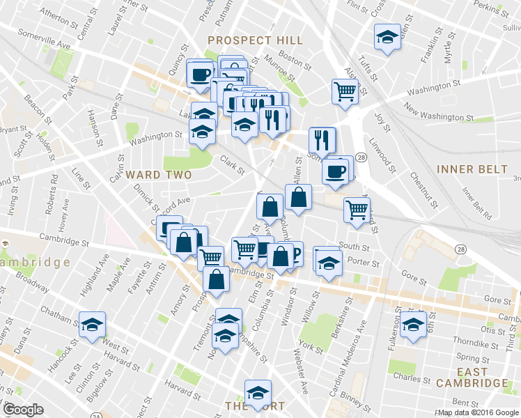 map of restaurants, bars, coffee shops, grocery stores, and more near 55 Webster Avenue in Somerville