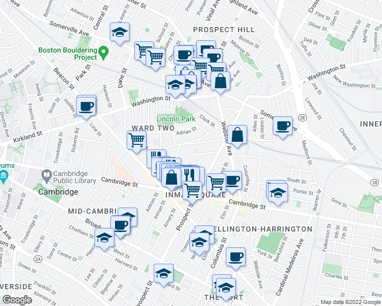 map of restaurants, bars, coffee shops, grocery stores, and more near 48 Concord Avenue in Somerville