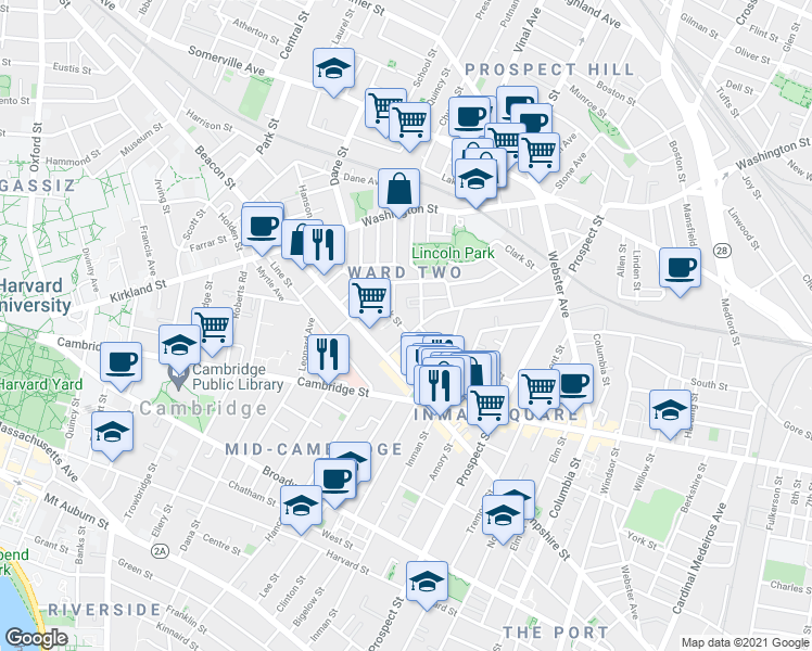 map of restaurants, bars, coffee shops, grocery stores, and more near 10 Wyatt Circle in Somerville