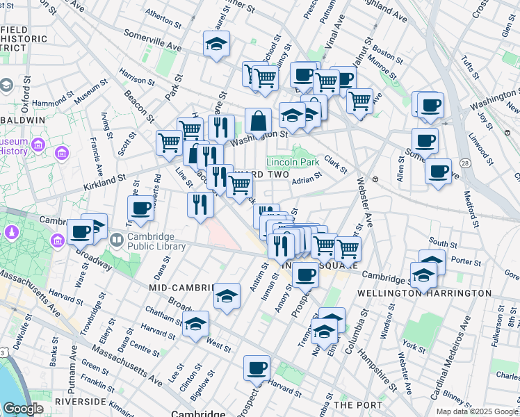 map of restaurants, bars, coffee shops, grocery stores, and more near 10 Wyatt Circle in Somerville