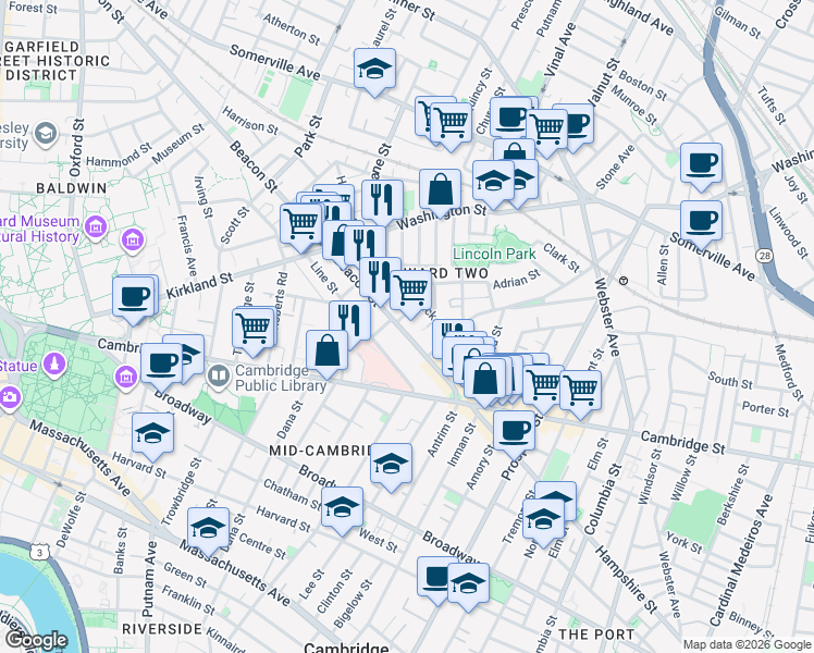 map of restaurants, bars, coffee shops, grocery stores, and more near 15 Buckingham Street in Somerville