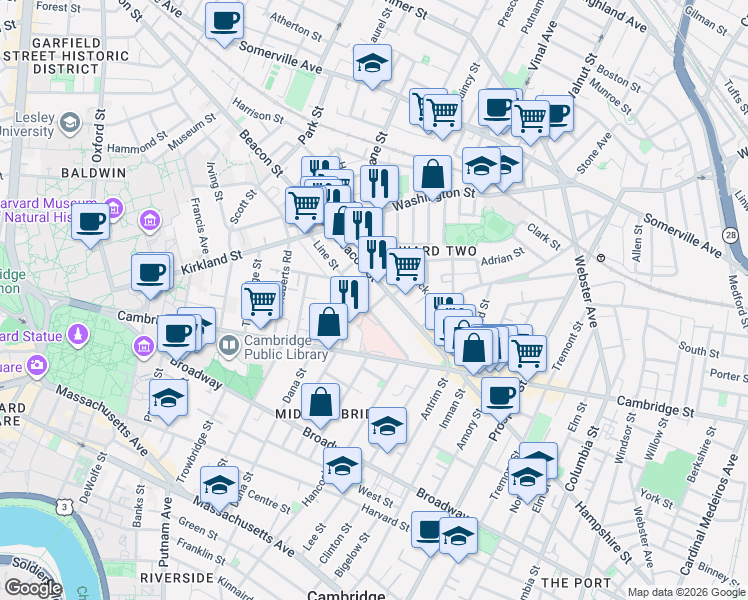 map of restaurants, bars, coffee shops, grocery stores, and more near 76 Beacon Street in Somerville