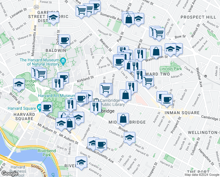 map of restaurants, bars, coffee shops, grocery stores, and more near 23 Roberts Road in Cambridge