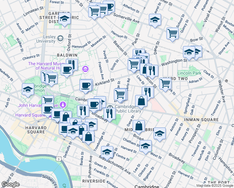 map of restaurants, bars, coffee shops, grocery stores, and more near 40 Irving Street in Cambridge