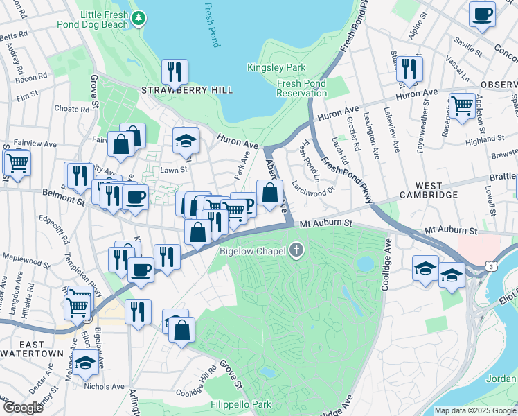 map of restaurants, bars, coffee shops, grocery stores, and more near 47 Homer Avenue in Cambridge