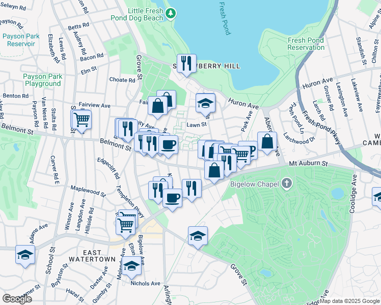 map of restaurants, bars, coffee shops, grocery stores, and more near 55 Thingvalla Avenue in Cambridge