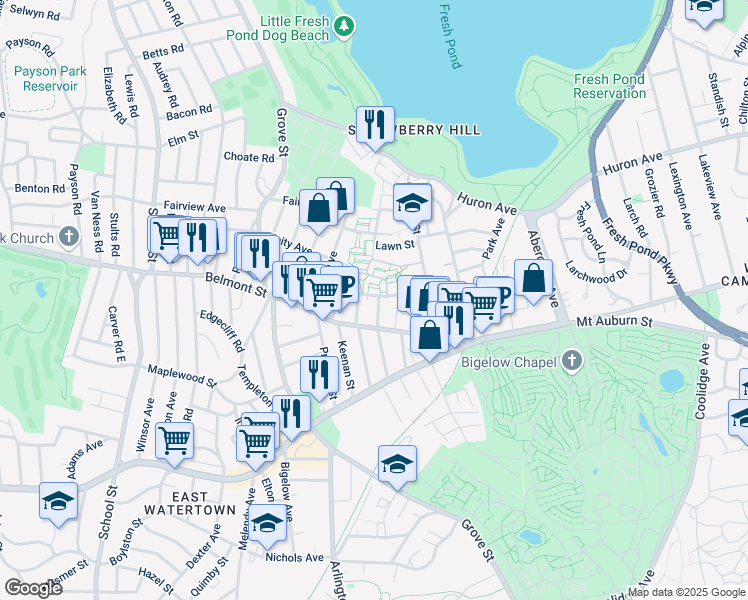 map of restaurants, bars, coffee shops, grocery stores, and more near 55 Thingvalla Avenue in Cambridge