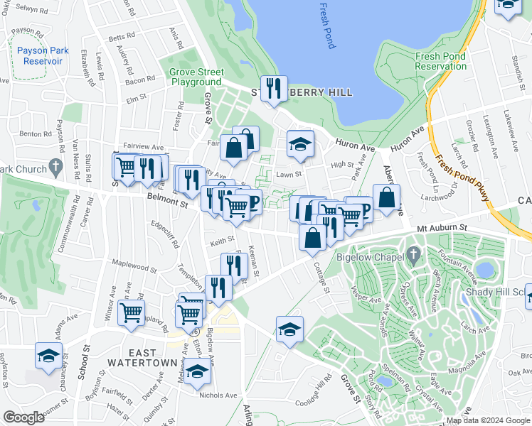 map of restaurants, bars, coffee shops, grocery stores, and more near 55 Thingvalla Avenue in Cambridge