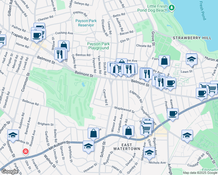 map of restaurants, bars, coffee shops, grocery stores, and more near 408 School Street in Watertown