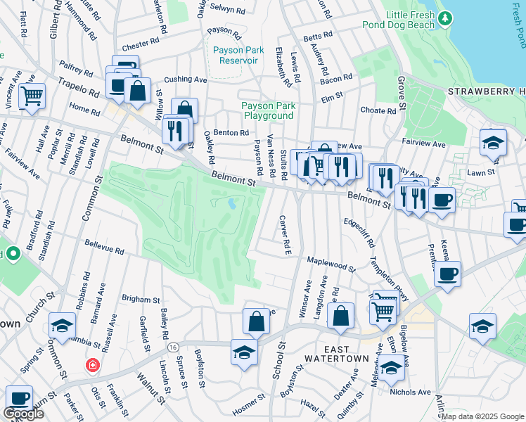 map of restaurants, bars, coffee shops, grocery stores, and more near 21 Commonwealth Road in Watertown