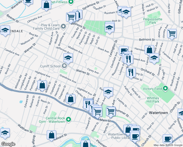 map of restaurants, bars, coffee shops, grocery stores, and more near 39 Carey Avenue in Watertown