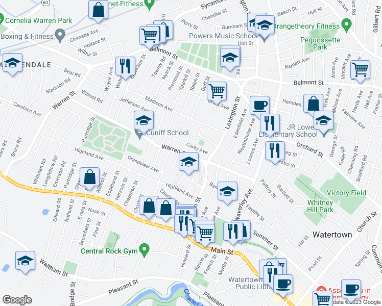 map of restaurants, bars, coffee shops, grocery stores, and more near 39 Carey Avenue in Watertown