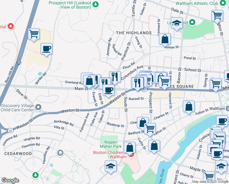 map of restaurants, bars, coffee shops, grocery stores, and more near 987 Main Street in Waltham