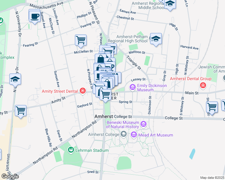 map of restaurants, bars, coffee shops, grocery stores, and more near 47 Boltwood Walk in Amherst